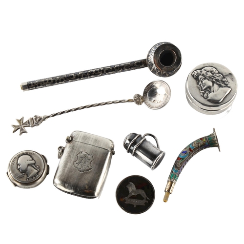 576 - Various silver, including Russian niello pipe, miniature tankard pepperette, Vesta case etc