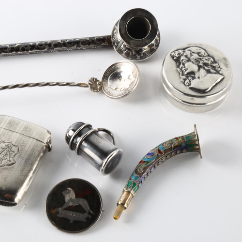 576 - Various silver, including Russian niello pipe, miniature tankard pepperette, Vesta case etc