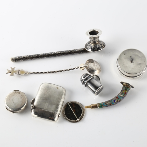 576 - Various silver, including Russian niello pipe, miniature tankard pepperette, Vesta case etc