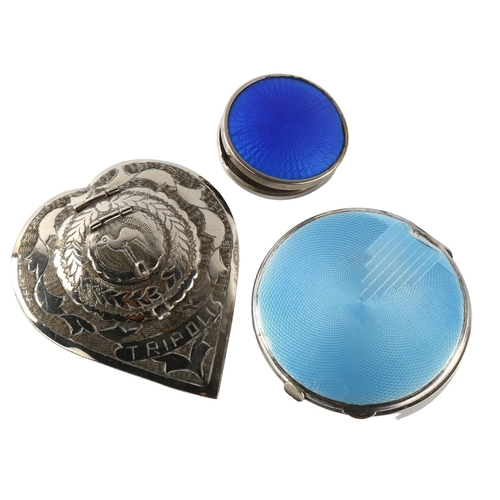 577 - 3 silver plated compacts, including Art Deco blue enamel example, diameter 7cm (3)