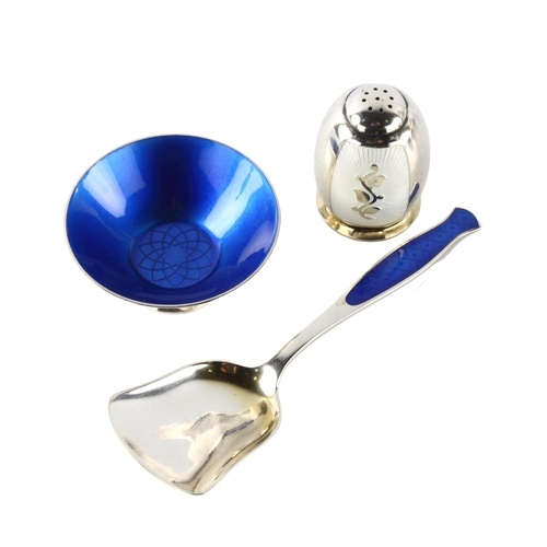 578 - Various Danish silver and enamel, including salt cellar, tea caddy shovel and pepperette, height 4cm... 