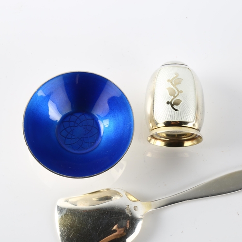 578 - Various Danish silver and enamel, including salt cellar, tea caddy shovel and pepperette, height 4cm... 