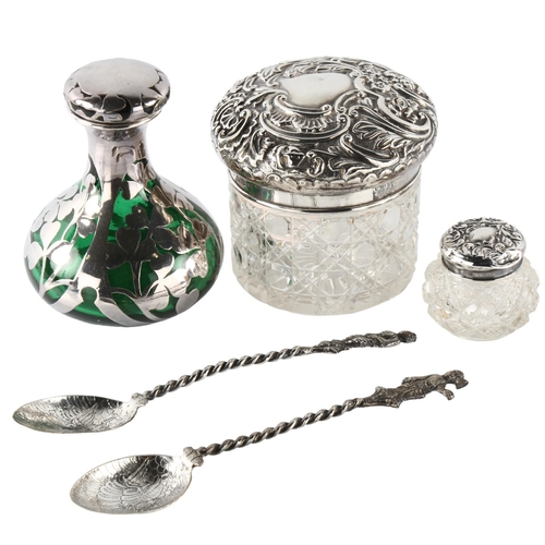 579 - Various silver, including pair of Indian spoons, silver-topped hobnail glass dressing table jar etc