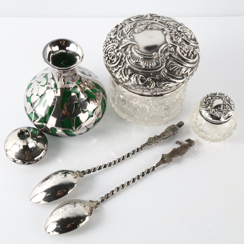 579 - Various silver, including pair of Indian spoons, silver-topped hobnail glass dressing table jar etc