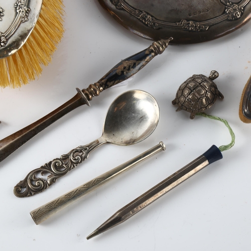 580 - Various silver, including Danish condiment spoon, dressing table brush set etc