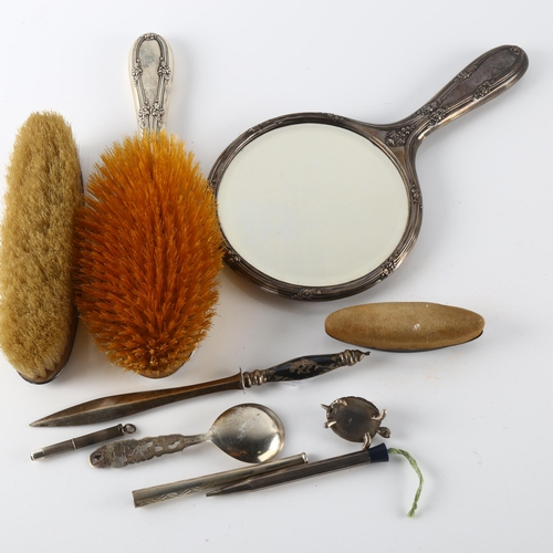 580 - Various silver, including Danish condiment spoon, dressing table brush set etc