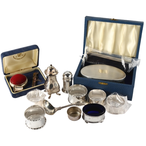 583 - Various silver, including napkin rings, pepperette, brush set etc, 7.2oz weighable