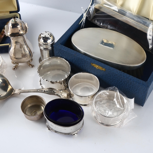 583 - Various silver, including napkin rings, pepperette, brush set etc, 7.2oz weighable