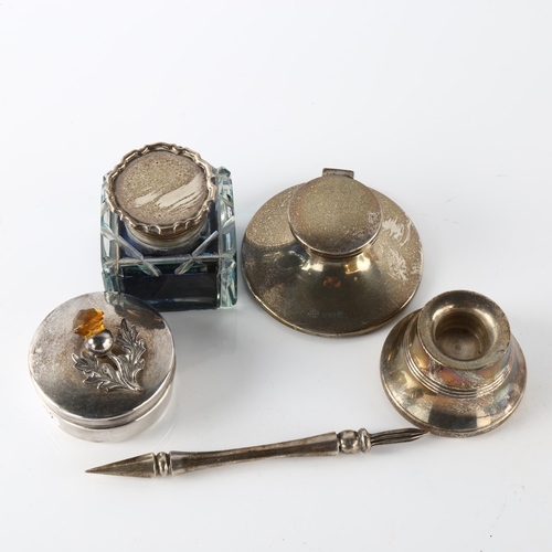 584 - Various silver, including a heavy gauge silver dip pen, inkwells, thistle box etc