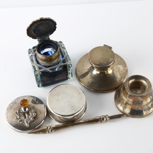 584 - Various silver, including a heavy gauge silver dip pen, inkwells, thistle box etc