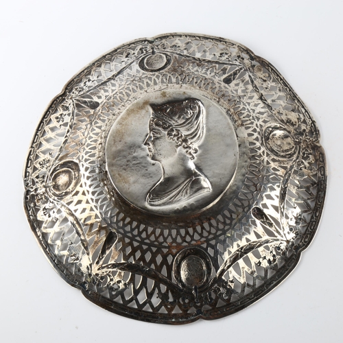 588 - A German silver commemorative dish, Augsburg, with relief embossed Royal Princess profile, with pier... 