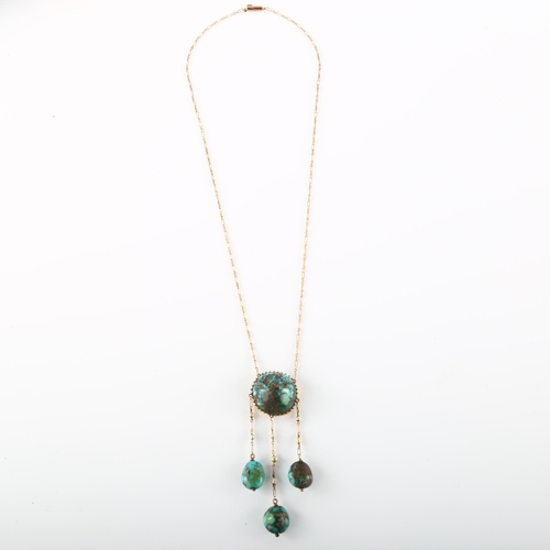 100 - An Edwardian 9ct gold turquoise matrix and pearl negligee pendant necklace, set with high cabochon t... 