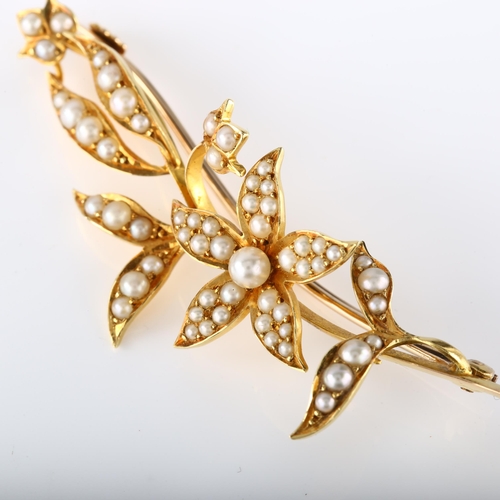 106 - A Victorian pearl floral spray brooch, unmarked gold settings with split and whole pearls, brooch le... 