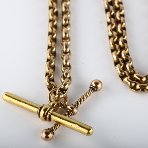 110 - An unmarked gold belcher link chain necklace, with 15ct T-bar, necklace length 74cm, 24.3g