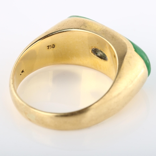 114 - A Chinese 18ct gold jade tank ring, set with oval cabochon jade, setting height 10.3mm, size S, 7.8g