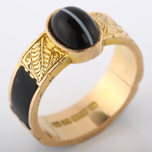 115 - A Victorian 15ct gold banded agate and black enamel memorial band ring, set with oval cabochon agate... 