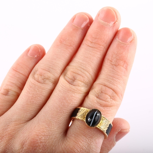 115 - A Victorian 15ct gold banded agate and black enamel memorial band ring, set with oval cabochon agate... 