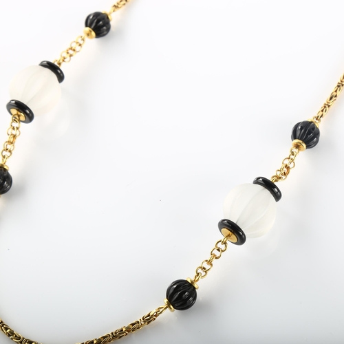 116 - An Italian 18ct gold frosted and black glass bead chain necklace, with Byzantine links, necklace len... 