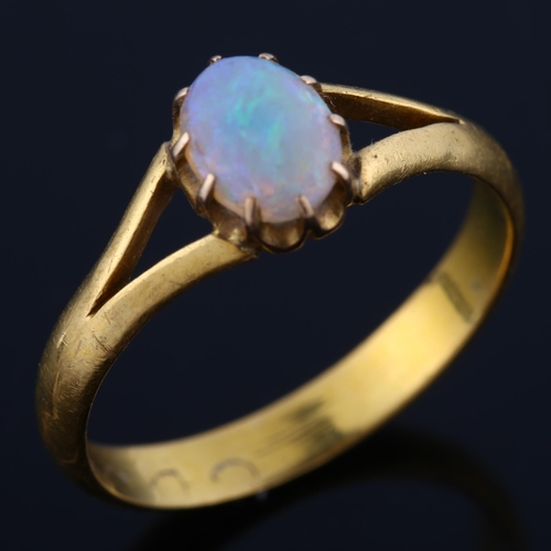 117 - A Victorian 22ct gold opal dress ring, set with oval cabochon white opal, setting height 7.8mm, size... 