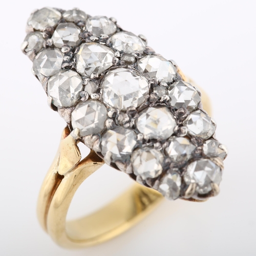 119 - A large Antique diamond marquise cluster ring, unmarked gold and silver settings with Dutch rose-cut... 