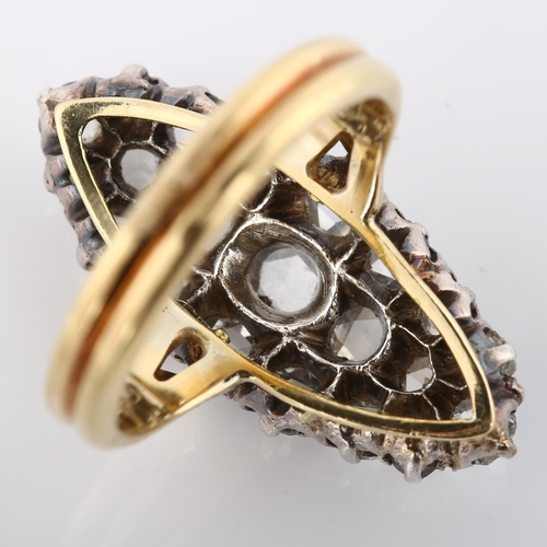 119 - A large Antique diamond marquise cluster ring, unmarked gold and silver settings with Dutch rose-cut... 