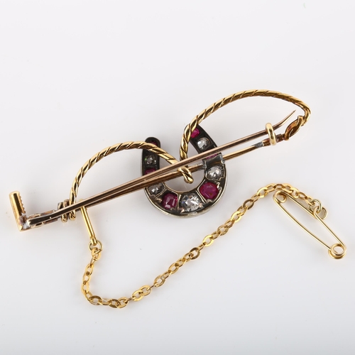 120 - A Victorian ruby and diamond riding crop and horseshoe bar brooch, set with old European-cut diamond... 