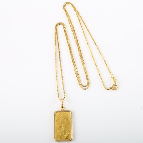 122 - A PAMP Suisse 5g fine gold 999.9 ingot bar pendant necklace, in 18ct frame with 18ct fine box link c... 