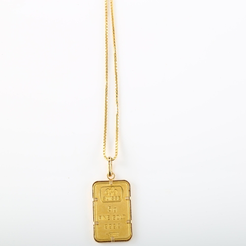 122 - A PAMP Suisse 5g fine gold 999.9 ingot bar pendant necklace, in 18ct frame with 18ct fine box link c... 