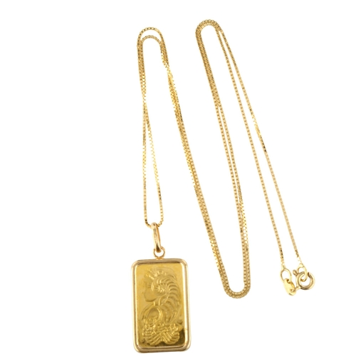 123 - A PAMP Suisse 5g fine gold 999.9 ingot bar pendant necklace, in 18ct frame with 18ct fine box link c... 