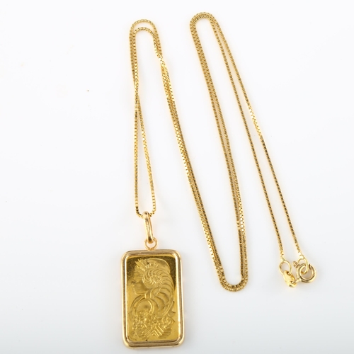 123 - A PAMP Suisse 5g fine gold 999.9 ingot bar pendant necklace, in 18ct frame with 18ct fine box link c... 