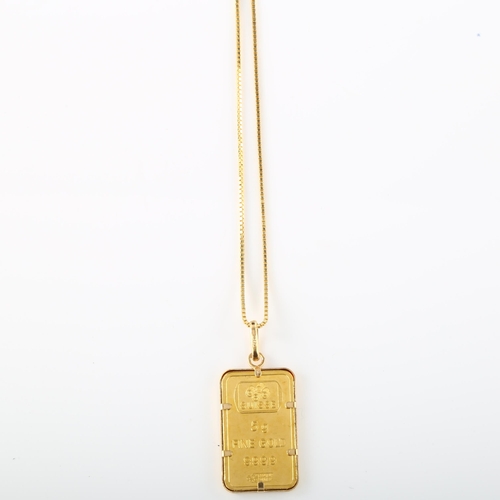 123 - A PAMP Suisse 5g fine gold 999.9 ingot bar pendant necklace, in 18ct frame with 18ct fine box link c... 