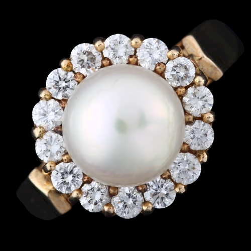 125 - A Continental 14ct gold whole pearl and diamond cluster ring, set with modern round brilliant-cut di... 