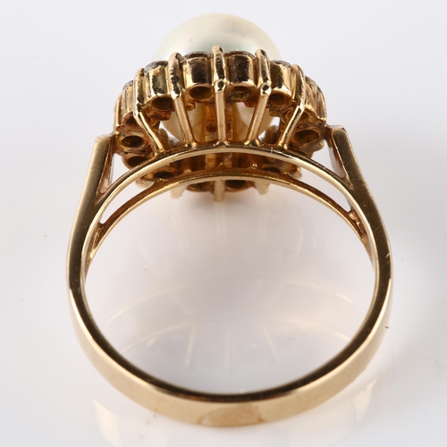 125 - A Continental 14ct gold whole pearl and diamond cluster ring, set with modern round brilliant-cut di... 