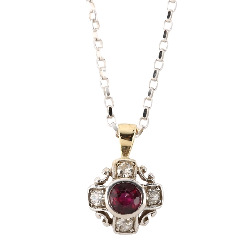 127 - A ruby and diamond quatrefoil pendant necklace, unmarked gold settings with old-cut diamonds and 9ct... 