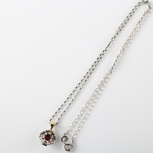 127 - A ruby and diamond quatrefoil pendant necklace, unmarked gold settings with old-cut diamonds and 9ct... 