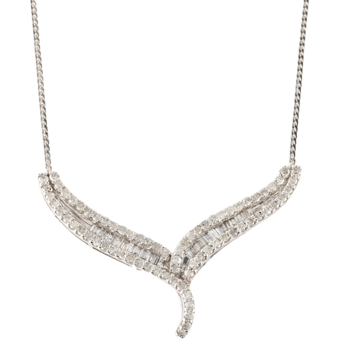 133 - A modern 9ct white gold diamond crossover pendant necklace, set with baguette and single-cut diamond... 