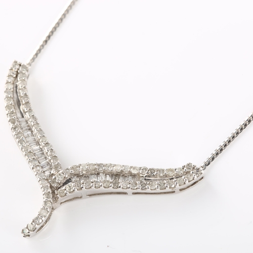 133 - A modern 9ct white gold diamond crossover pendant necklace, set with baguette and single-cut diamond... 