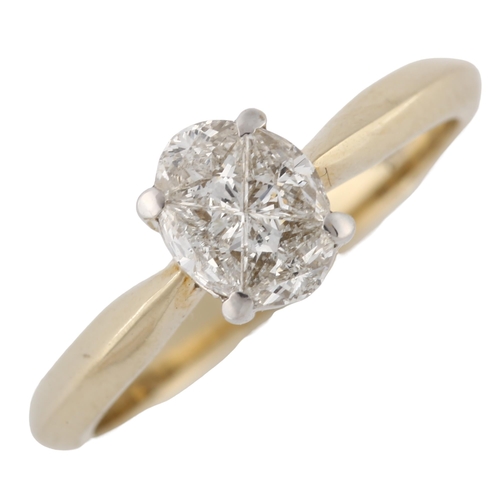 135 - A modern 18ct gold diamond oval cluster ring, set with modified kite-shaped brilliant-cut diamonds, ... 