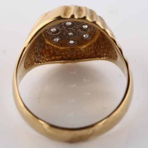 138 - A 9ct gold diamond signet ring, set with modern round brilliant-cut diamonds and fluted shoulders, t... 