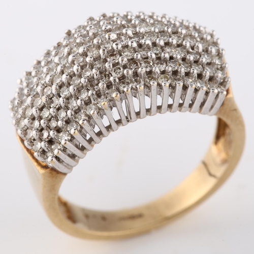 139 - A modern 9ct gold diamond cluster dress ring, set with modern round single-cut diamonds in pyramid f... 