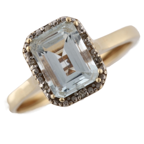 147 - A modern 9ct gold aquamarine and diamond cluster ring, set with emerald-cut aqua and brilliant-cut d... 