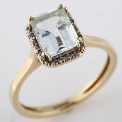 147 - A modern 9ct gold aquamarine and diamond cluster ring, set with emerald-cut aqua and brilliant-cut d... 