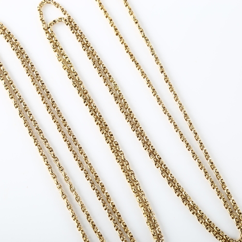 151 - An Antique 9ct gold fancy link long guard chain, with 9ct dog clip, chain length 154cm, 19.2g