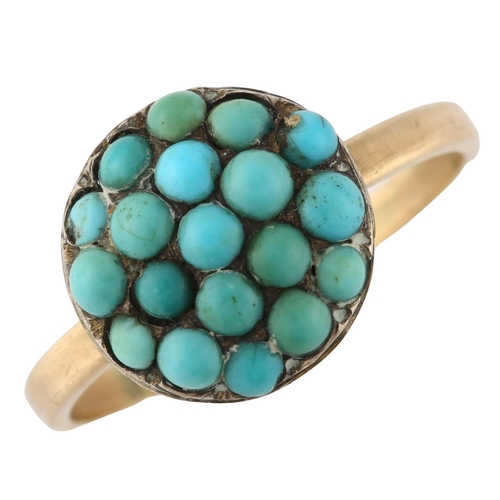 152 - An Antique turquoise bombe ring, unmarked gold closed-back settings with round cabochon turquoise, s... 