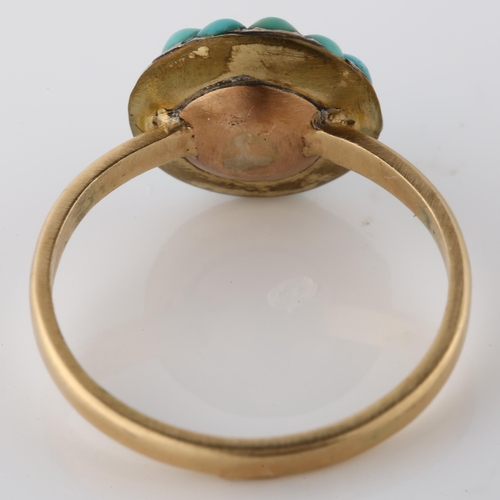 152 - An Antique turquoise bombe ring, unmarked gold closed-back settings with round cabochon turquoise, s... 