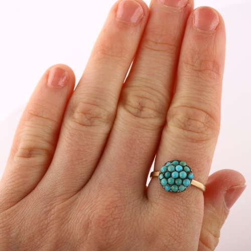 152 - An Antique turquoise bombe ring, unmarked gold closed-back settings with round cabochon turquoise, s... 