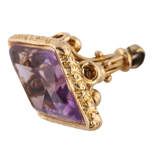 155 - An Antique amethyst fob, unmarked gold settings with lozenge-cut amethyst, panel length 19.5mm, fob ... 