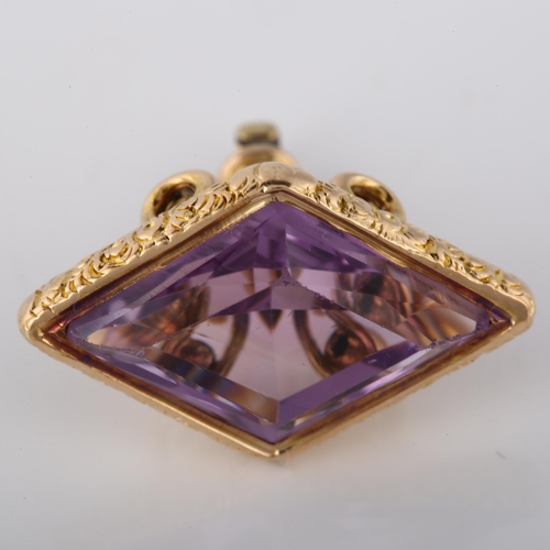 155 - An Antique amethyst fob, unmarked gold settings with lozenge-cut amethyst, panel length 19.5mm, fob ... 