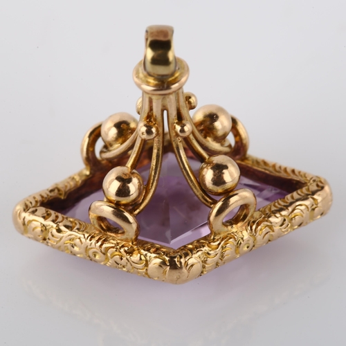 155 - An Antique amethyst fob, unmarked gold settings with lozenge-cut amethyst, panel length 19.5mm, fob ... 