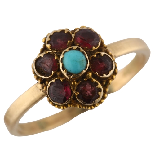 158 - An Antique turquoise and garnet cluster ring, unmarked gold settings, setting height 10.5mm, size P,... 